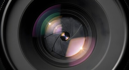 Close-up of camera lens with aperture blades and reflections for photography design