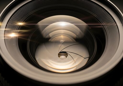 Close-up lens aperture in action with dynamic light reflections - ideal for photography themes