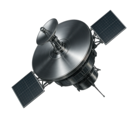 Satellite with a disc design and a central rotating antenna for weather monitoring.