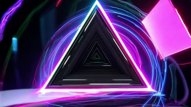 Dynamic triangle portal emitting neon energy perfect for futuristic technology visuals and abstract motion graphics projects