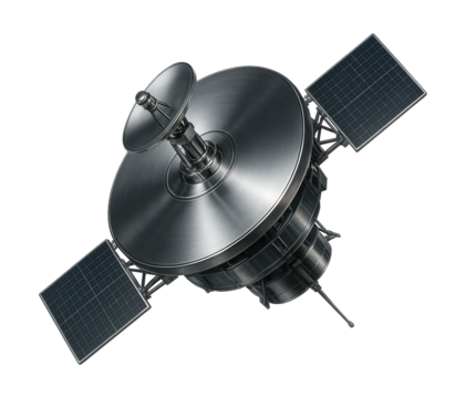 Satellite with a disc design and a central rotating antenna for weather monitoring.
