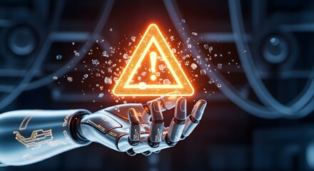 Futuristic robotic hand holding glowing warning sign symbolizing cautionary technology concepts