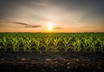 Sunrise over cornfield landscape with golden light on green crops mcool mooocuultural setting for nature and agriculture concepts