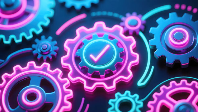 Neon gears symbolize finance and subscription management, showcasing vibrant blend of technology and efficiency in billing processes