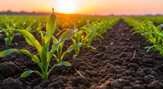 Sunrise over vibrant green cornfield highlighting growth and agriculture for eco-friendly farming and harvesting concepts