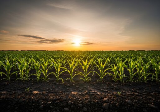 Sunrise over cornfield landscape with golden light on green crops mcool mooocuultural setting for nature and agriculture concepts