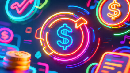 Neon graphics illustrate finance concepts with vibrant colors showcasing subscription and billing themes, creating engaging visual experience