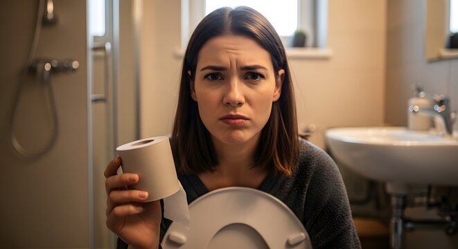Woman in bathroom holding toilet roll and empty holder, concept of everyday hassles and domestic life, suitable for interior design or lifestyle articles