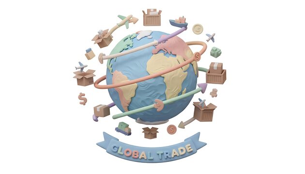 3D cartoon pastel globe surrounded by delivery boxes and arrows, symbolizing global shipping and logistics, soft tones and clean shadows, isolated on white background. - Powered by Adobe