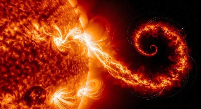 Stunning solar flare with coronal loop ejecting plasma in space for scientific visualization and educational use