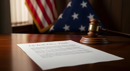 U.s. trade policy document with gavel and american flag in legal setting for government affairs communication