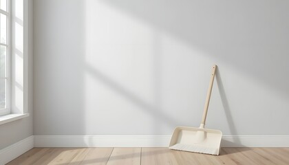 Start fresh with a clean, minimalist workspace or home interior, featuring a light wood floor and a dustpan, perfect for a spring cleaning campaign.