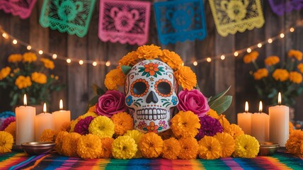 Vibrant Celebration of Dia de Muertos with Sugar Skull Altar Decorated with Marigolds Candles and Papel Picado Banners