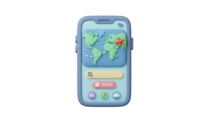 3D cartoon pastel smartphone displaying a world map with airplane icon, representing travel and global navigation, soft UI elements and clean shadows, isolated on white background.