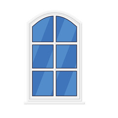 White arched window with six blue glass panes and a sill isolated on a transparent background detailed architectural element for design and decoration