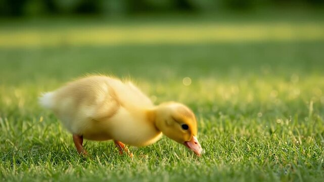A fluffy yellow duckling actively forages in a vibrant green grass field, its tiny beak gently pecking at the ground. The scene is bathed in soft, warm natural light, creating a serene and idyllic moo
