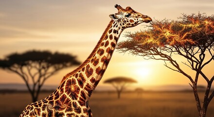 Majestic Giraffe Grazing on Acacia Tree Leaves at Sunset in African Savannah.