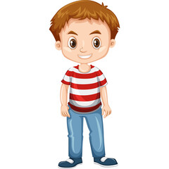 Illustration Of A Cheerful Young Boy Wearing A Red And White Striped T Shirt And Blue Jeans Standing Against A White Background Isolated Cheerful Expression