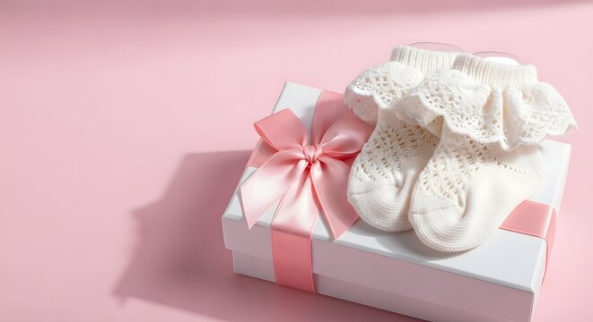 Elegant gift box with delicate baby socks on soft pink background for baby shower or newborn celebration - Powered by Adobe