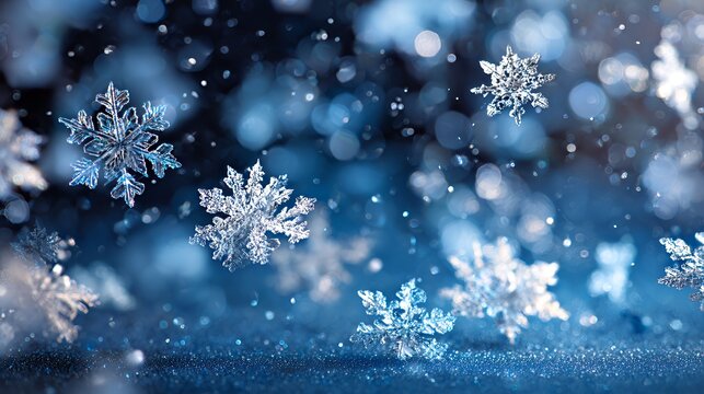 Crystal Frost: Glistening Snowflakes in Blue Winter Light