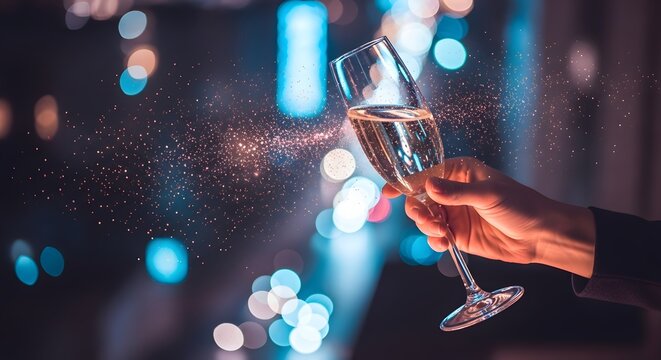 Celebration toast with champagne glass sparkling in festive night lights - perfect for party invitations or event promotions