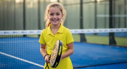 Happy young girl smiling with paddle tennis racket, ready for a fun game on the court, athletic child enjoying a healthy lifestyle and sports activity