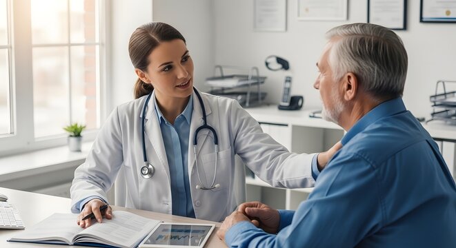 Compassionate healthcare consultation scene with female doctor and senior man in medical office, highlighting patient care and communication