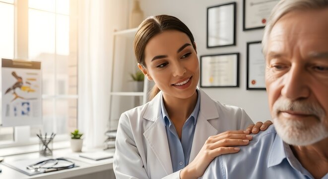 Patient care in a medical office with compassionate doctor and elderly man for healthcare concept