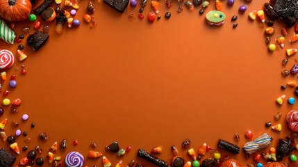 Halloween treats and decor: a festive frame of seasonal colors and sweets. Film poster. Spectral arrangement: an artistic halloween candy display over orange. Movie cover. Promotional poster.