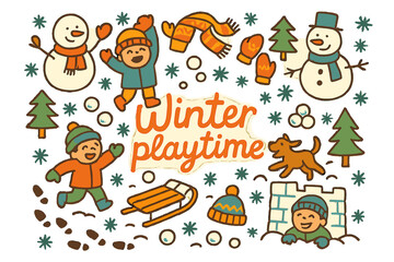Winter Playtime Fun. Winter playtime. Hand-drawn doodle illustration of winter playtime. Snowmen, sleds,