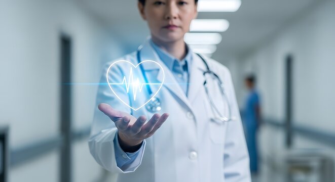 Innovative healthcare technology visualization with doctor holding holographic heartbeat icon in hospital corridor