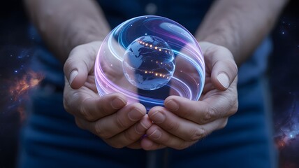 A pair of hands cradles a glowing holographic sphere depicting the Earth surrounded by swirling cosmic energy and interconnected digital data streams
