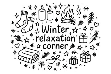 Winter Relaxation Corner. Winter relaxation corner. Hand-drawn doodle illustration of Winter relaxation corner