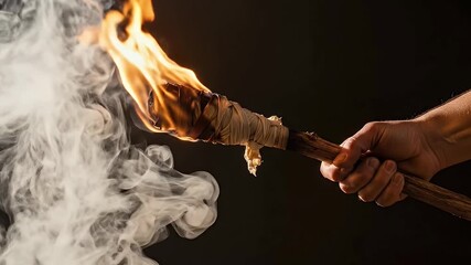 A human hand firmly grips a primitive torch, illuminating a dark scene with a vivid, flickering flame. Thick plumes of white smoke curl dynamically from the burning material, creating a dramatic contr