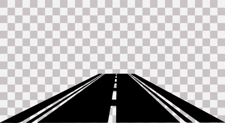 Perspective view of a black asphalt road with white lines on a transparent background