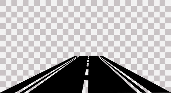 Perspective view of a black asphalt road with white lines on a transparent background