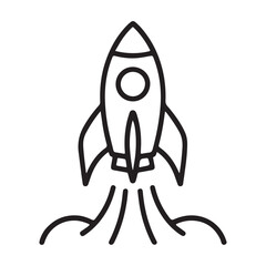 Simple black line art icon of a rocket launching with smoke trails