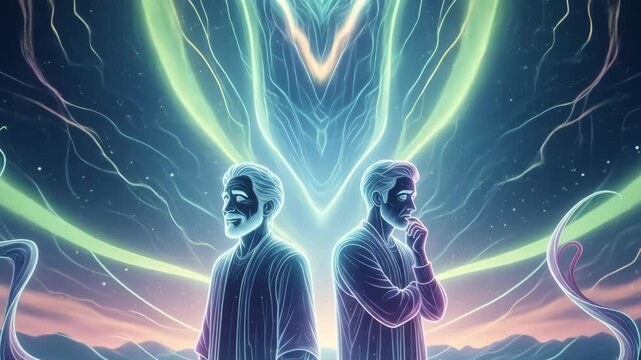 Two men in a vibrant, glowing, and abstract spiritual landscape, contemplating the mysteries of the universe.
