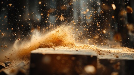 Woodworking Sawdust Flying in Dramatic Light
