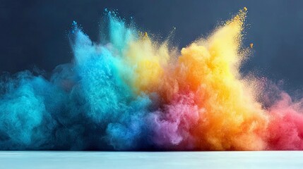 Obraz premium A dynamic explosion of vibrant colored powder, with hues of blue, green, yellow, orange, and pink, against a dark background.