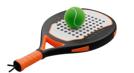 Padel racket and green ball equipment for sport game activity with orange grip and black frame design on transparent background