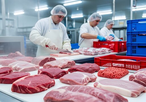 Professional meat processing in modern butchery facility with workers handling beef and pork cuts - Powered by Adobe