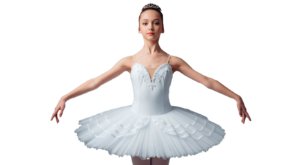 Ballerina girl in tutu performing ballet dance in white dress and tiara on black background studio shot on transparent background