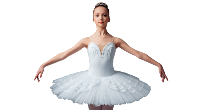 Ballerina girl in tutu performing ballet dance in white dress and tiara on black background studio shot on transparent background