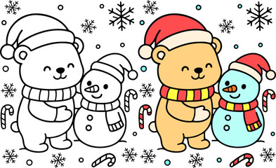 Charming cute christmas bears celebrating in a winter wonderland black and white art illustration festive environment from a unique viewpoint