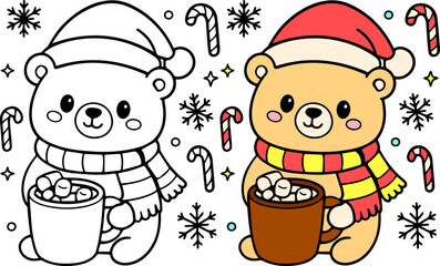 Adorable christmas bear holding hot cocoa winter wonderland scene charming illustration cozy environment festive viewpoint holiday cheer concept