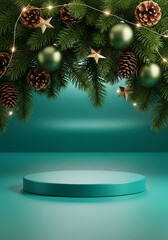 Festive Christmas scene with a teal podium for product display.