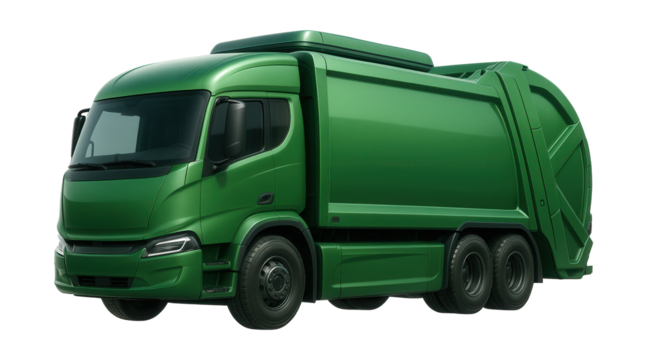 Electric waste collection vehicle with a sleek design and rooftop battery system.