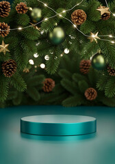 Sleek teal cylindrical podium for product presentation on a reflective surface.
