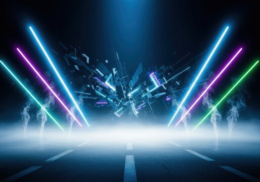 Dynamic futuristic dark background with vibrant neon light beams creating an immersive tunnel effect on a smoky road or stage